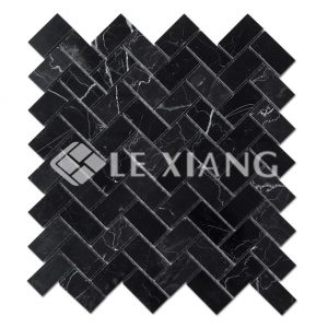 Nero Marquina Herringbone Stone Mosaic Tile Bathroom Floors-1