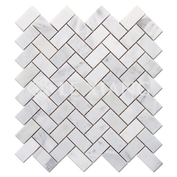 Oriental White Marble Herringbone Mosaic Tile Bathroom Wall-1