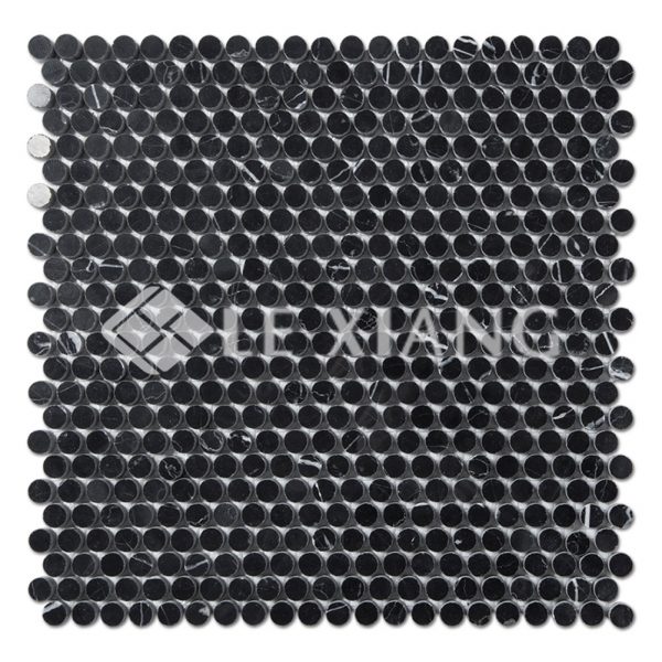 Penny Round Marble Mosaic Tile Nero Marquina For Bathroom Floors-1